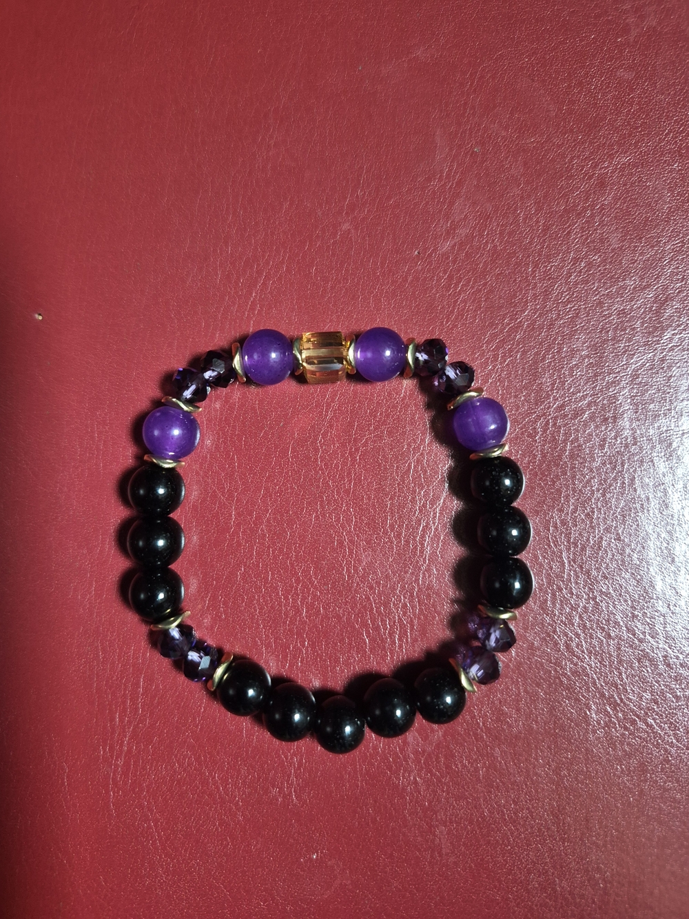 Purple and Black Beaded Stretch Bracelet